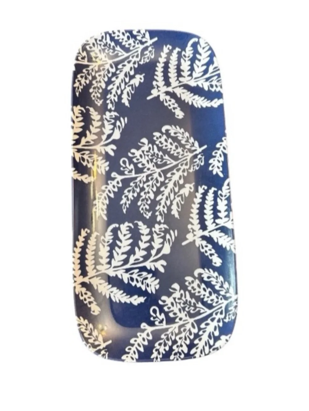 14” Melamine Serving Platter Navy Blue & White Botanical Fern Design Nautical